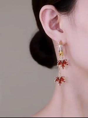 Fashion Red Maple Leaf Gold Plated Ear Hoop Earrings Dangle Women Jewelry