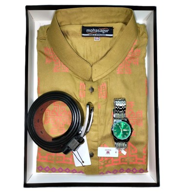 Cotton Printed Punjabi + Premium Watch + Leather Belt Combo Pack