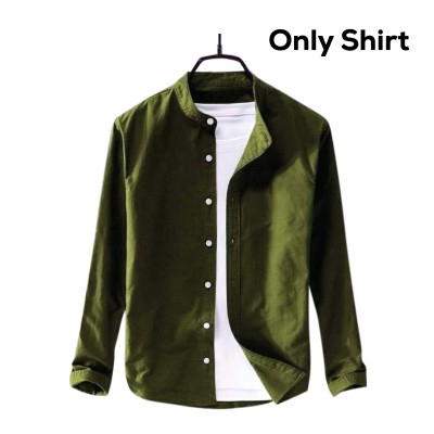 Men's Solid Colour Ban color Shirt  (olive)