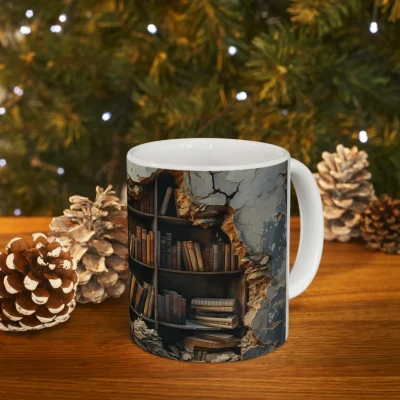 3D Bookself Hole In A broken wall Design Mug