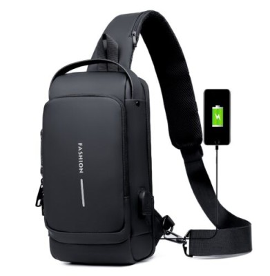 USB charging sport sling Anti-theft shoulder bag (Black )