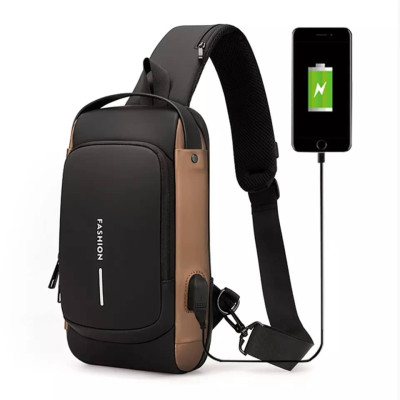 USB charging sport sling Anti-theft shoulder bag (brown shape )