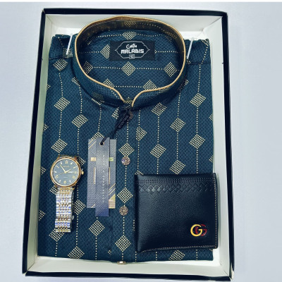 Cotton  Print Punjabi + Premium Watch + Wallet  Combo Pack