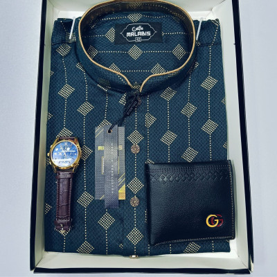 Cotton  Print Punjabi + Premium Watch + Wallet  Combo Pack