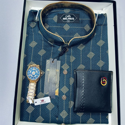 Cotton  Print Punjabi + Premium Watch + Wallet  Combo Pack