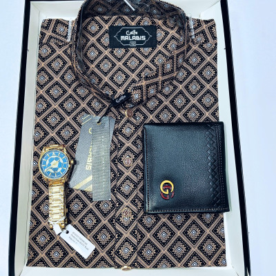 Cotton  Print Punjabi + Premium Watch + Wallet  Combo Pack