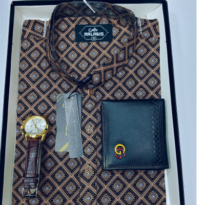 Cotton  Print Punjabi + Premium Watch + Wallet  Combo Pack