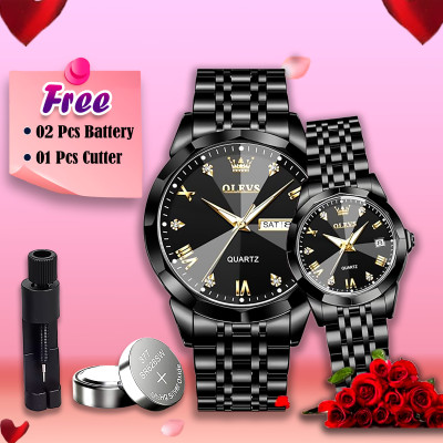 Butter  Fly Lock Olievs  Stainless Steel fashionable  Couple watches +1pcs chain cutter+ 2 pcs battery Full Black