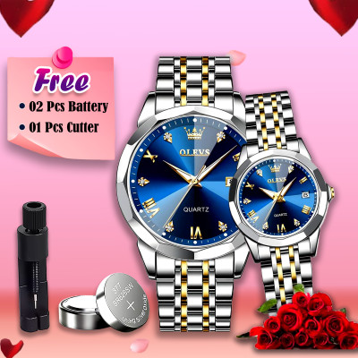 Butter  Fly Lock Olievs  Stainless Steel fashionable  Couple watches +1pcs chain cutter+ 2 pcs battery  (Silver Blue)