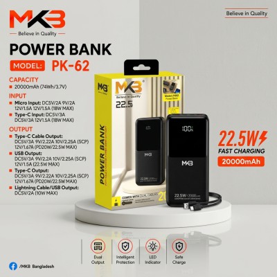 MKB PK62 PD|20W 22.5W 20000mAh POWER BANK WITH DUAL CABLES