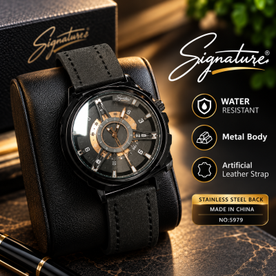 Signature Classic Men's Watch with Metal Body & Artificial Leather Strap (Black)