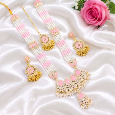 Premium Baby Pink & Pearl Long Rani Haar Jewelry Set with Earrings & Maang Tikka