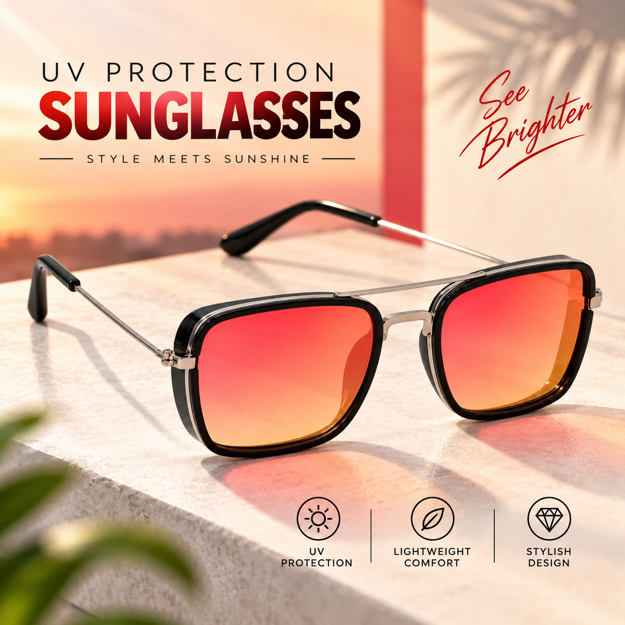 UV Protection Rectangular Sunglasses for Men & Women – Free Size Bold Red Frame Sun Glasses with Full Sun Protection & Stylish Casual Eyewear Design