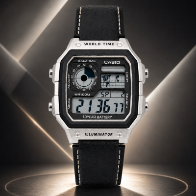 Casio Illuminator Vintage Digital Leather Strap Watch – World Map Display, Long Battery Life, Water Resistant, Formal & Casual Wristwatch with Premium Gift Box & Extra Batteries