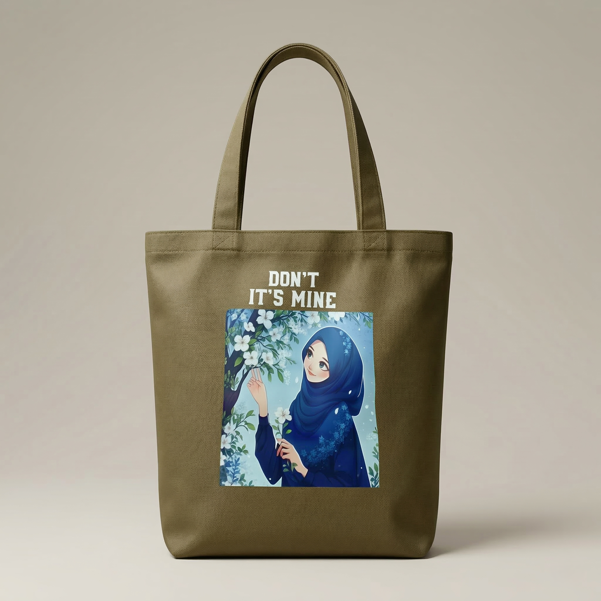 "Don’t It’s Mine" Anime Print Canvas Tote Bag – Unique Stylish Hijabi Cartoon Graphic Shoulder Handbag for College, Shopping & Daily Casual Use