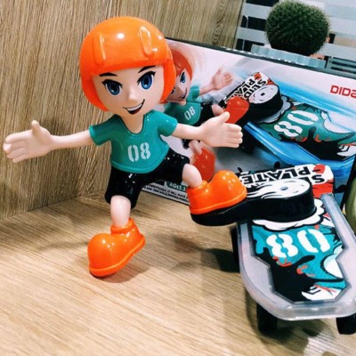 Sliding Plate Electronic Stunt Skateboard Boy Toy – Musical Action Figure with Dynamic Light Effects, 360° Stunt Movement, Battery Operated Safe Plastic Interactive Toy for Kids Age 3+