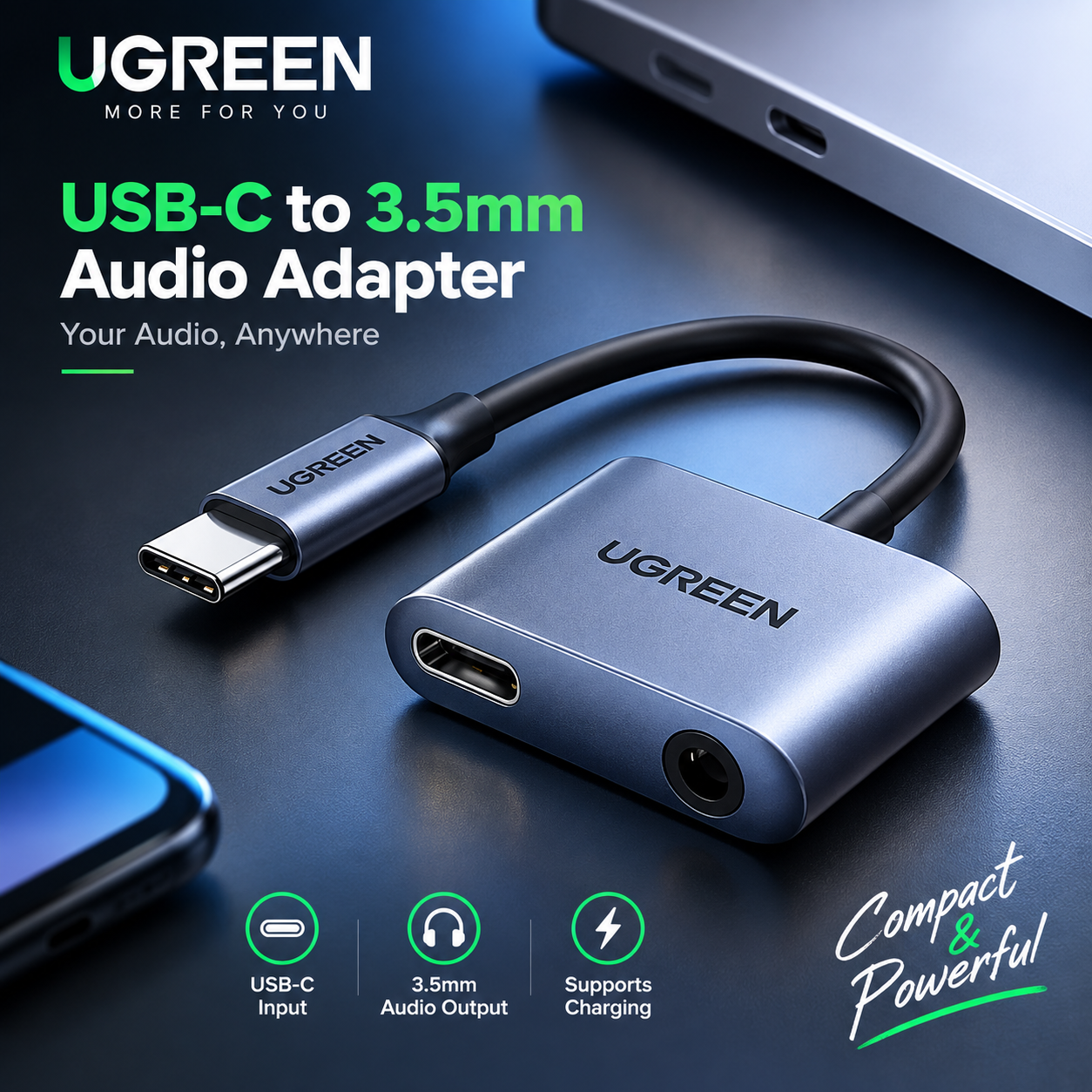 UGREEN CM231 (60164) 2-in-1 USB-C to 3.5mm Audio & Charging Adapter – PD 3.0 & QC 3.0 Fast Charging, Hi-Fi Sound Quality, Aluminum Alloy Portable Converter for Type-C Smartphones & Tablets