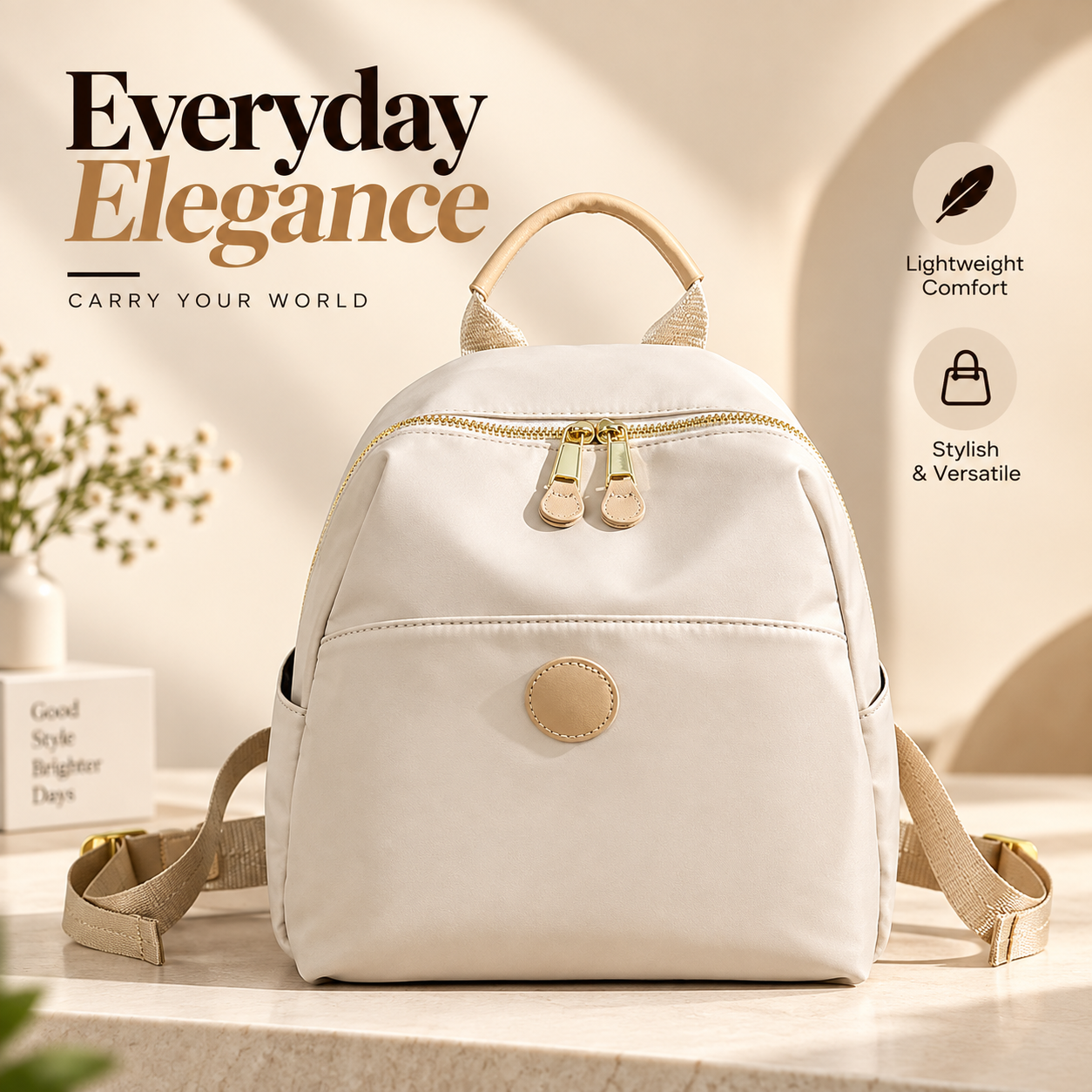 Women's Designer High-Quality Soft Nylon Backpack (Off White ) – Lightweight Simple Fashion Travel Daypack with Secure Zipper Closure, Multiple Interior Pockets & Spacious Capacity (25x12x29 cm)