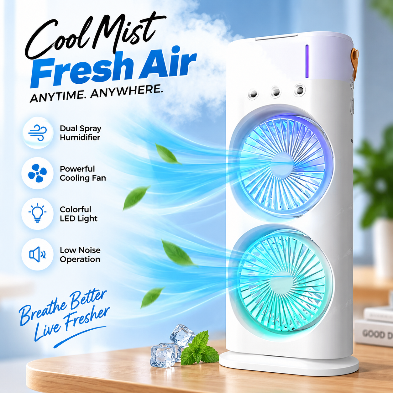 FADIUMS Portable Double-Ended Spray Fan with Humidifier – 600ml Water Tank, 3-Speed Cooling Fan, Built-in Multi-Color LED & USB Type-C Desktop Cooling Fan