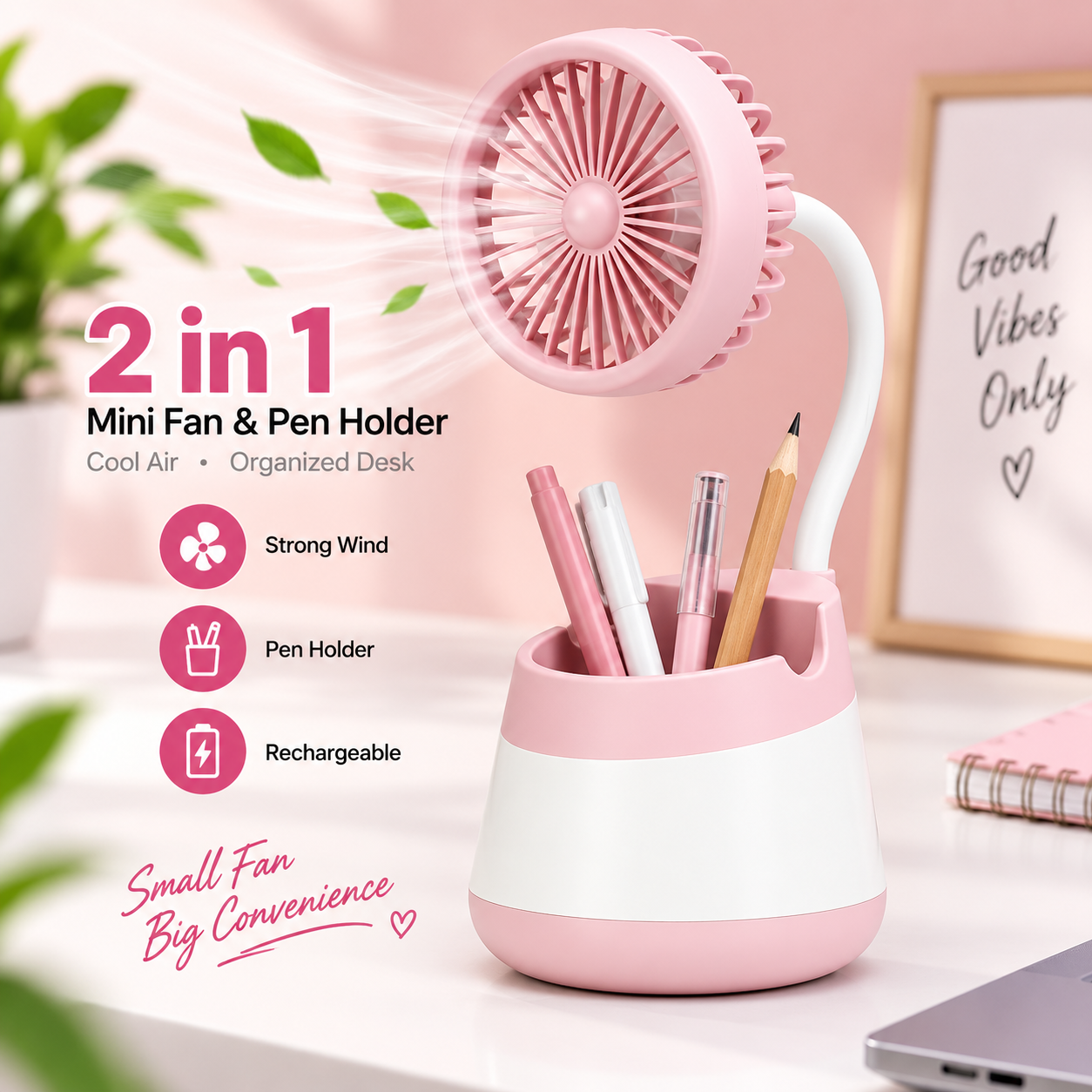 2-in-1 Rechargeable Mini Desktop Fan with Pen Holder Base – Cute Pastel Color Portable Study & Office Desk Cooling Fan with Storage Organizer