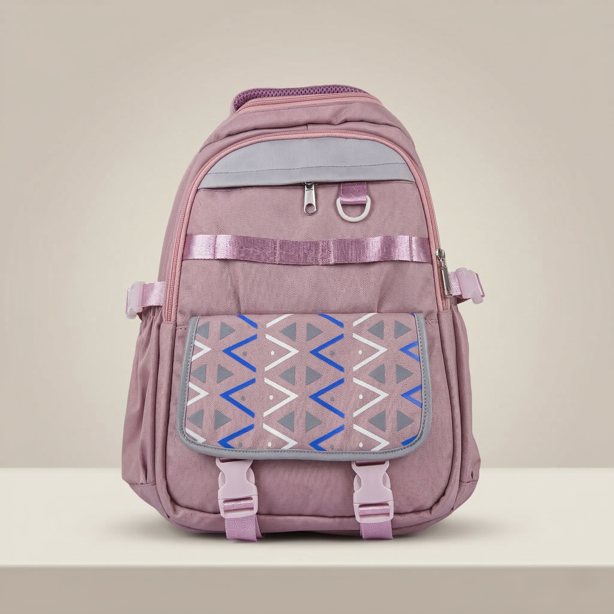 Multi-Pocket Casual Backpack with Geometric Flap – Stylish Water-Resistant Synthetic Fabric Daypack with Wide Padded Straps & Spacious Compartments for School, College, Travel & Daily Use