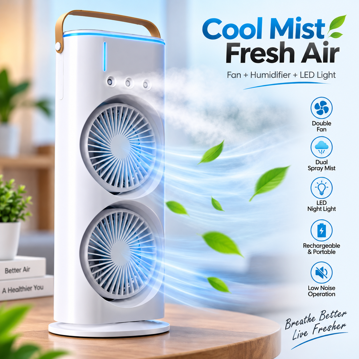 FADIUMS Rechargeable Portable Double-Ended Spray Fan with Humidifier – 600ml Water Tank, 3-Speed Cooling Fan, Built-in Multi-Color LED & USB Type-C Desktop Fan