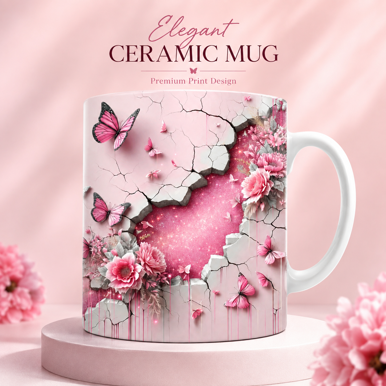 Pink Butterfly & Floral Ceramic Mug – Premium Wraparound Design Coffee Mug, Microwave & Dishwasher Safe