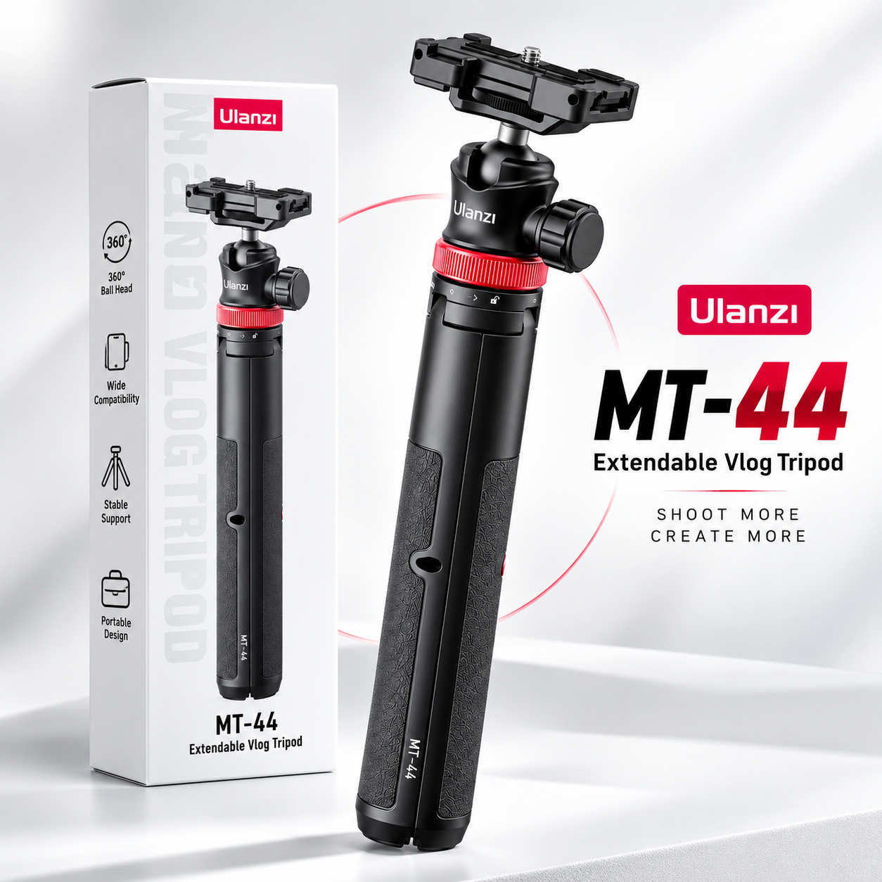 Ulanzi MT-44 Extendable Vlog Tripod & Selfie Stick – 2-in-1 Professional Monopod with 360° Ball Head, Cold Shoe Mount, 1/4" Screw & Phone Holder for Smartphones & Cameras