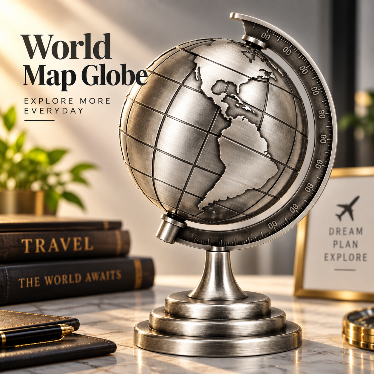 Golden 3D Rotating World Map Globe Decoration Showpiece – Modern Metal Gold Wash Finish Tabletop Ornament, Aesthetic Home & Office Decor, Luxury Travel Gift & Photography Prop
