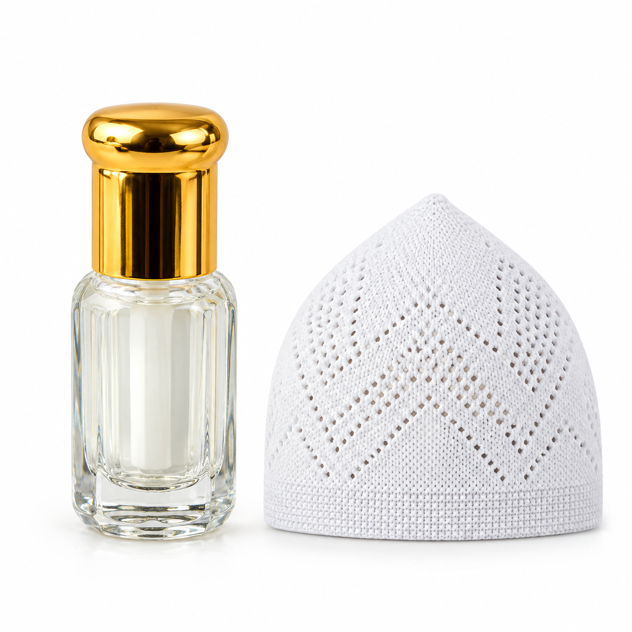 Premium Islamic Prayer Combo – 1 Pcs Soft Turkish Iqra Tupi & 1 Pcs Long-Lasting Alcohol-Free Roll-On Attar Set for Men (Daily Sunnah & Gift Package)