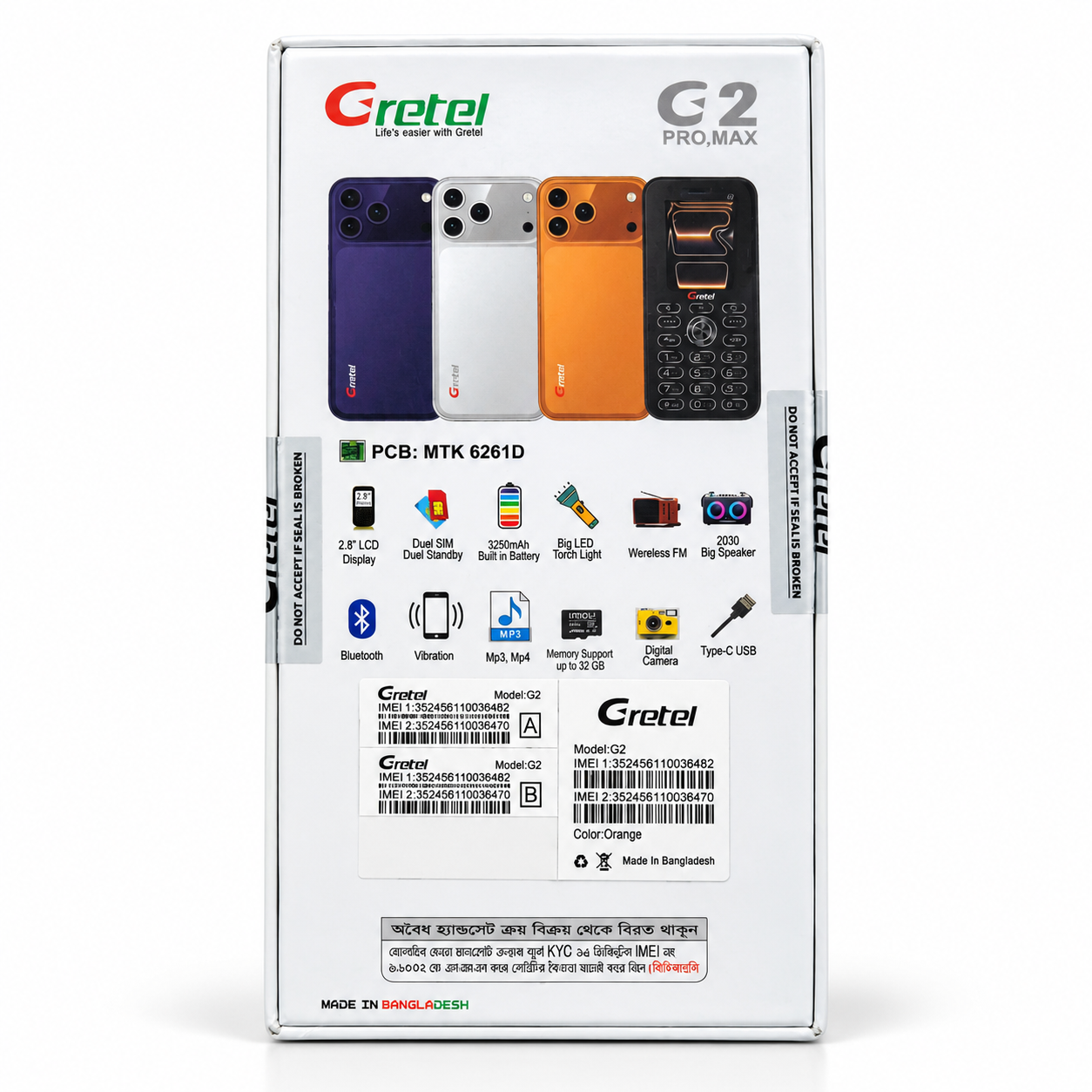 Gretel G2 Pro Max Feature Phone – iPhone 17 Pro Max Inspired Design, 3250mAh Built-In Battery, 2.8" LCD Display, Type-C Port, Big Speaker & Wireless FM