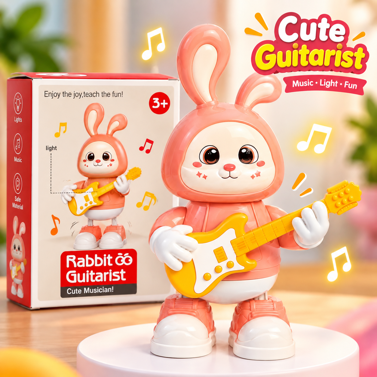Rabbit Co Guitarist Musical Dancing Toy – 360° Rotating Electronic Toy with Flashing Lights & Sound, Battery-Operated Safe Plastic Interactive Educational Toy for Kids Age 3+ (Perfect Birthday & Eid Gift)