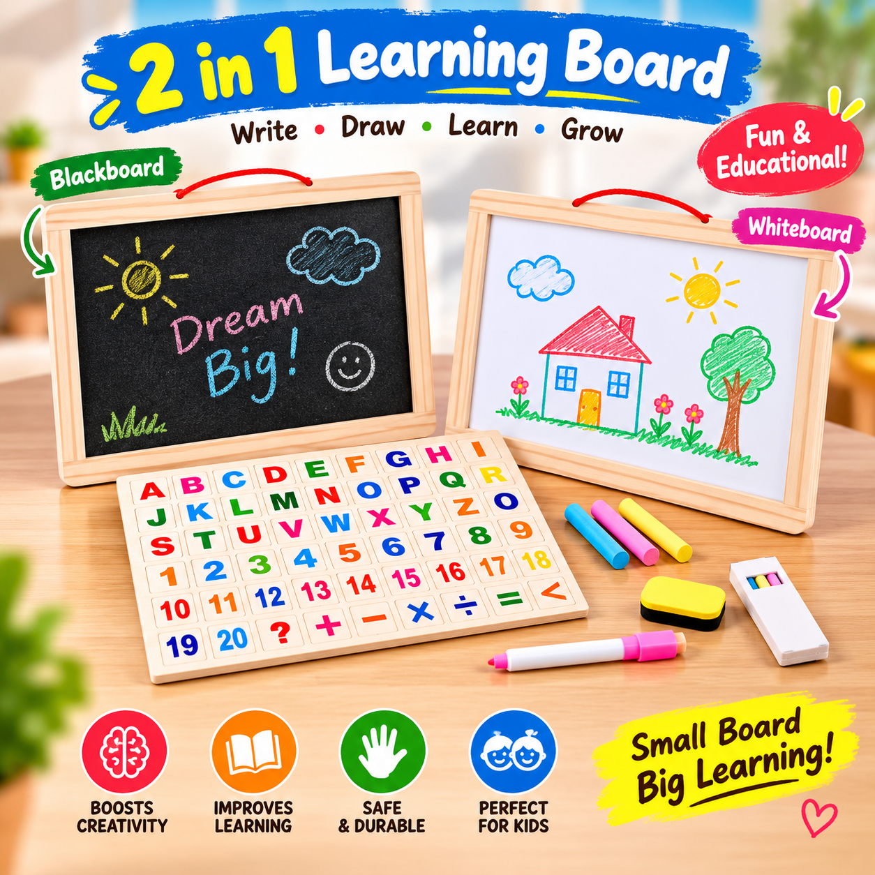 Educational Double-Sided Magnetic Wooden Writing & Drawing Board – 2-in-1 Whiteboard & Blackboard with Abacus, Manual Calculator, Magnetic Alphabet & Number Cards, Safe & Interactive Learning Toy for Kids