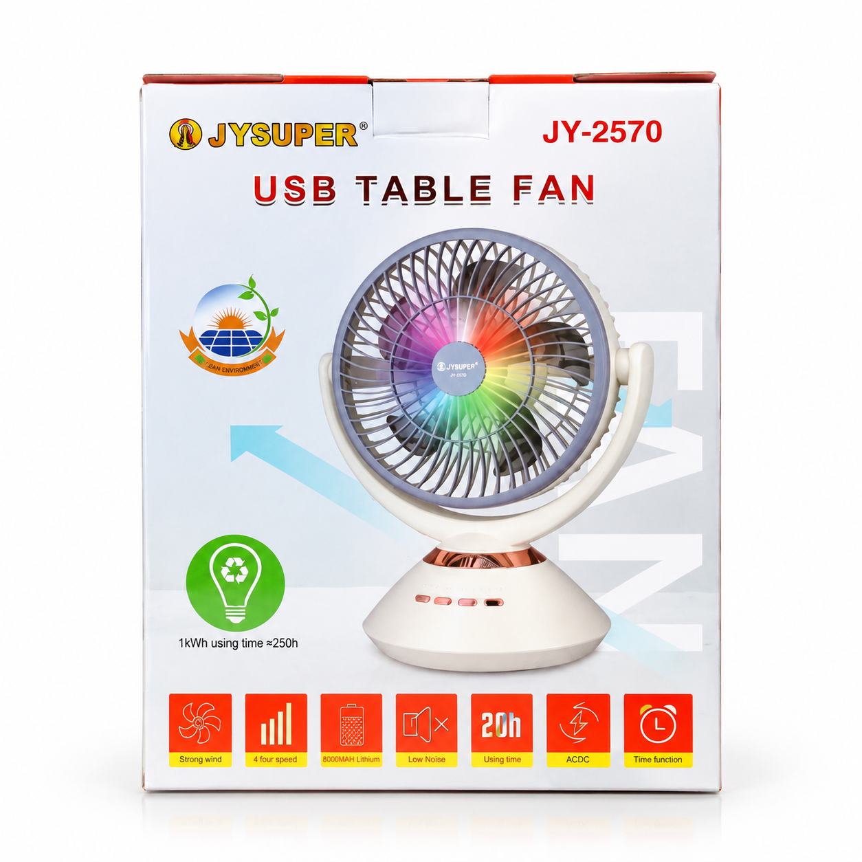 JYSUPER JY-2570 Rechargeable Stand/Table Fan with LED Light – 4 Speed Levels, 100° Auto Oscillation, 115° Tilt, Timer & Solar Panel Charging Support
