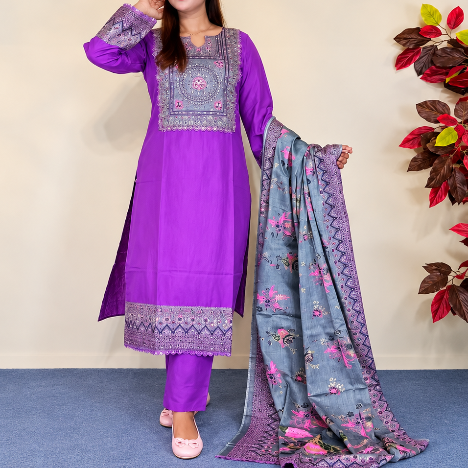 Elegant Mustard Yellow & Slate Blue Printed Unstitched Cotton Three-Piece Set