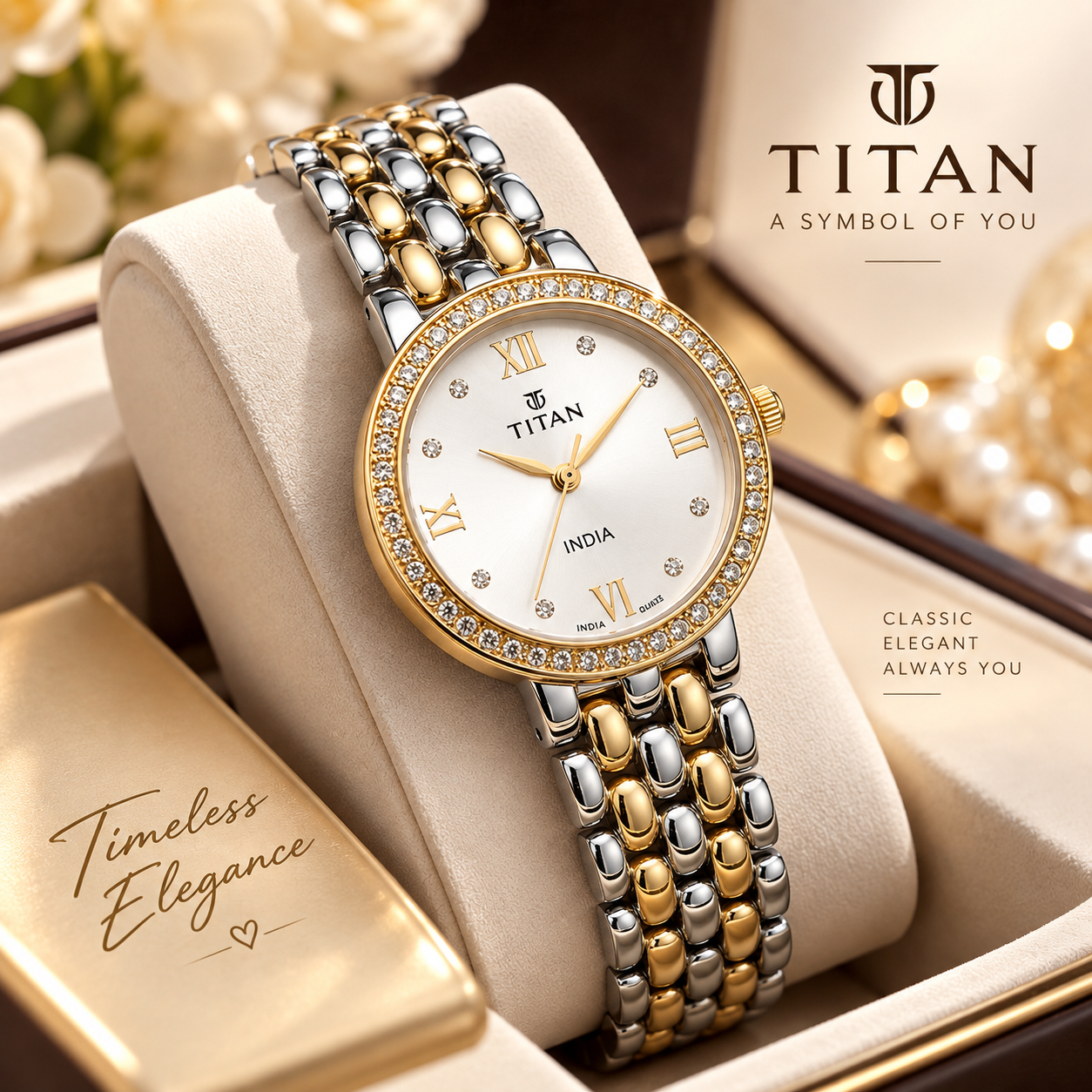 Titan Two-Tone Crystal Roman Dial Men's Watch – Quartz Analog Movement, 3ATM Water Resistant, Scratch-Resistant Mineral Glass, Stainless Steel Strap with Free Chain Cutter & Gift Box