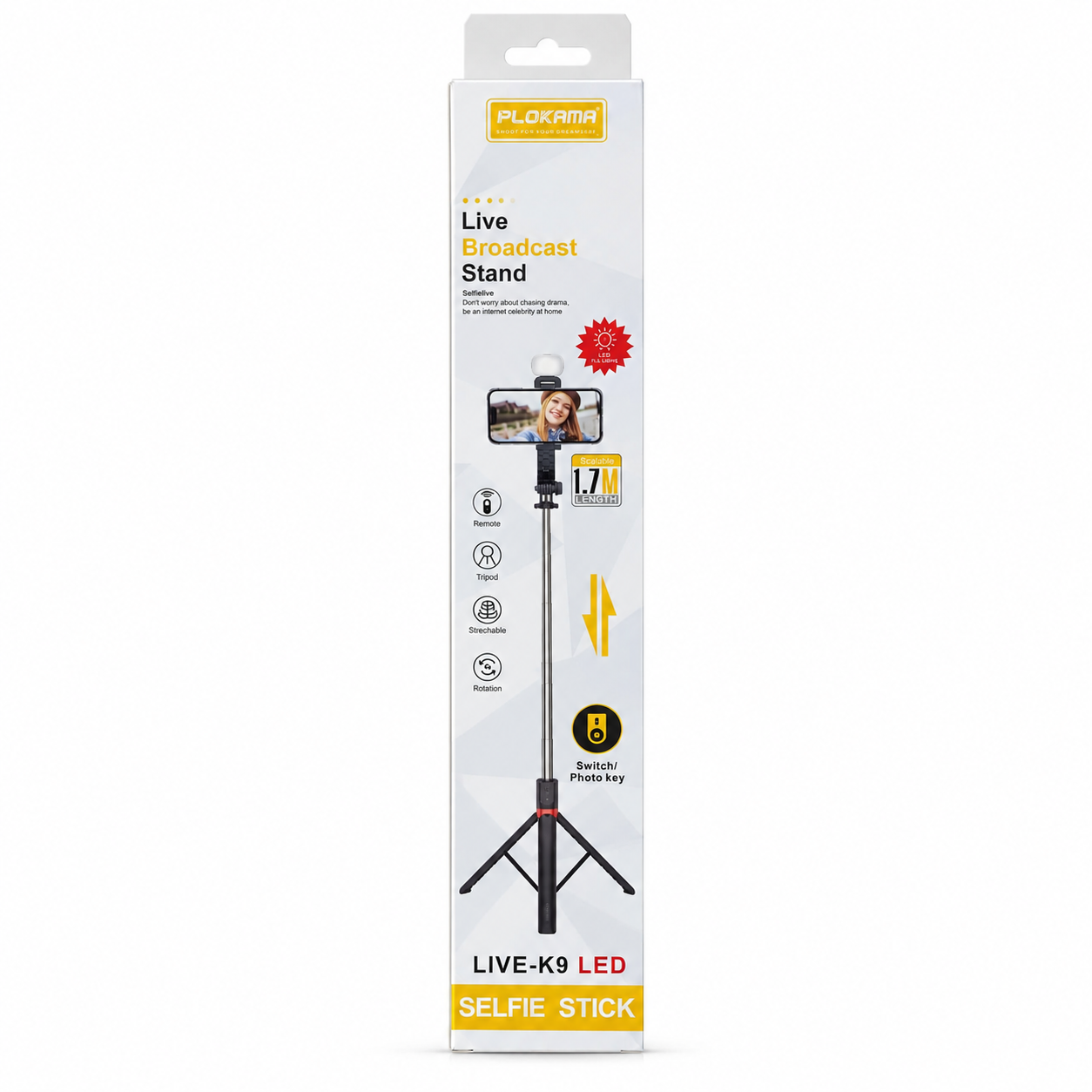 LIVE-K9 LED Selfie Stick & Live Broadcast Stand – 3-in-1 Extendable Tripod with Rechargeable Fill Light, 360° Rotation & Bluetooth Remote for Vlogging & Streaming