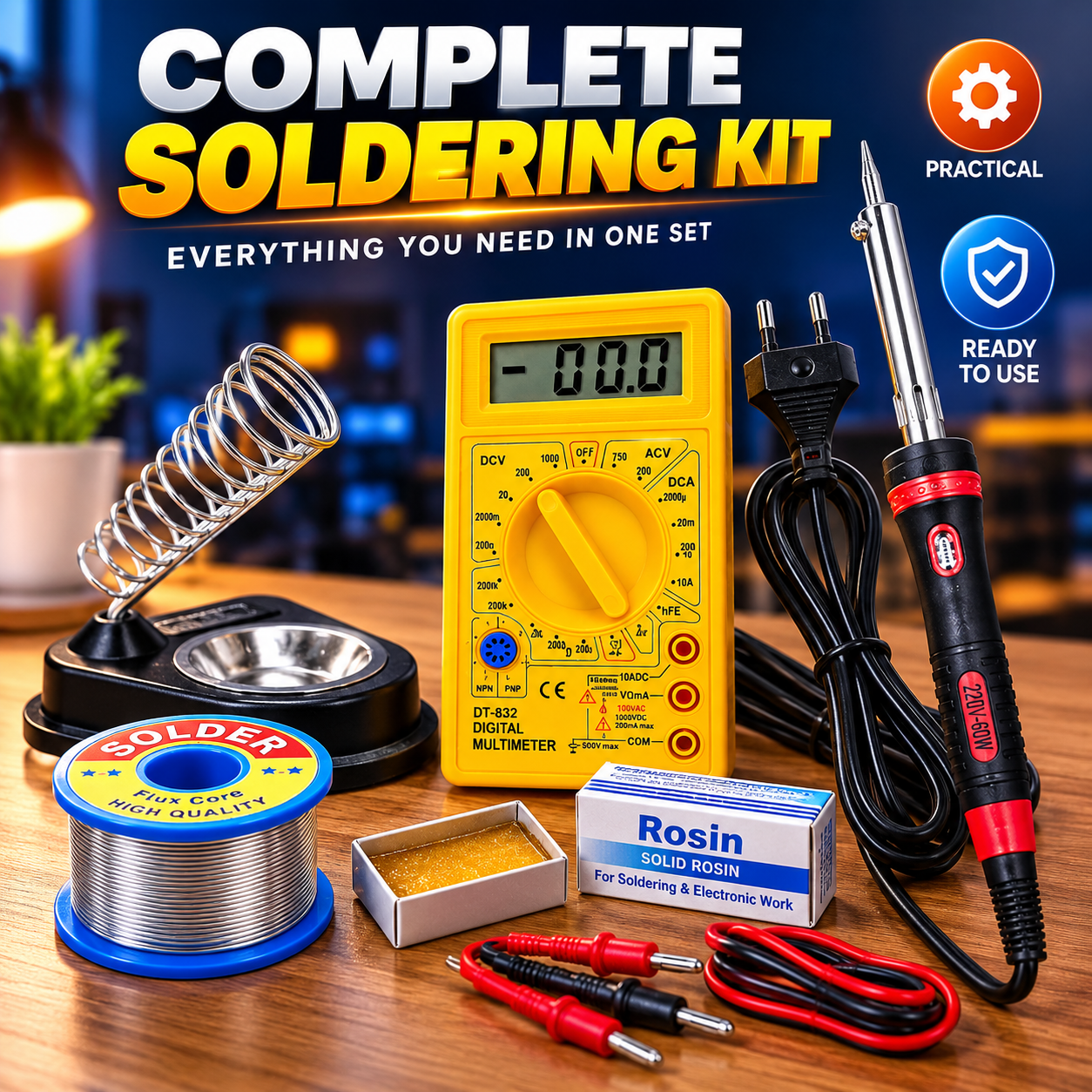 Master 5-in-1 Soldering Combo Kit – 60W Electric Soldering Iron, Digital Multimeter, Iron Stand, Solder Wire Lead & Rosin for Electronics Repair & DIY Projects