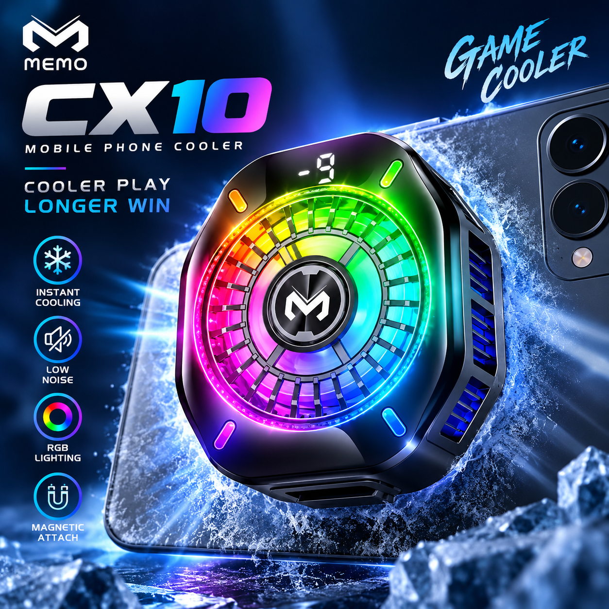 Memo CX10 Magnetic RGB Mobile Phone Cooler – Advanced Semiconductor Refrigeration, Fast 5000 RPM Silent Fan, Dual Magnetic & Clip-on Design, 10W-11W Cooling Power & Lightweight Portability