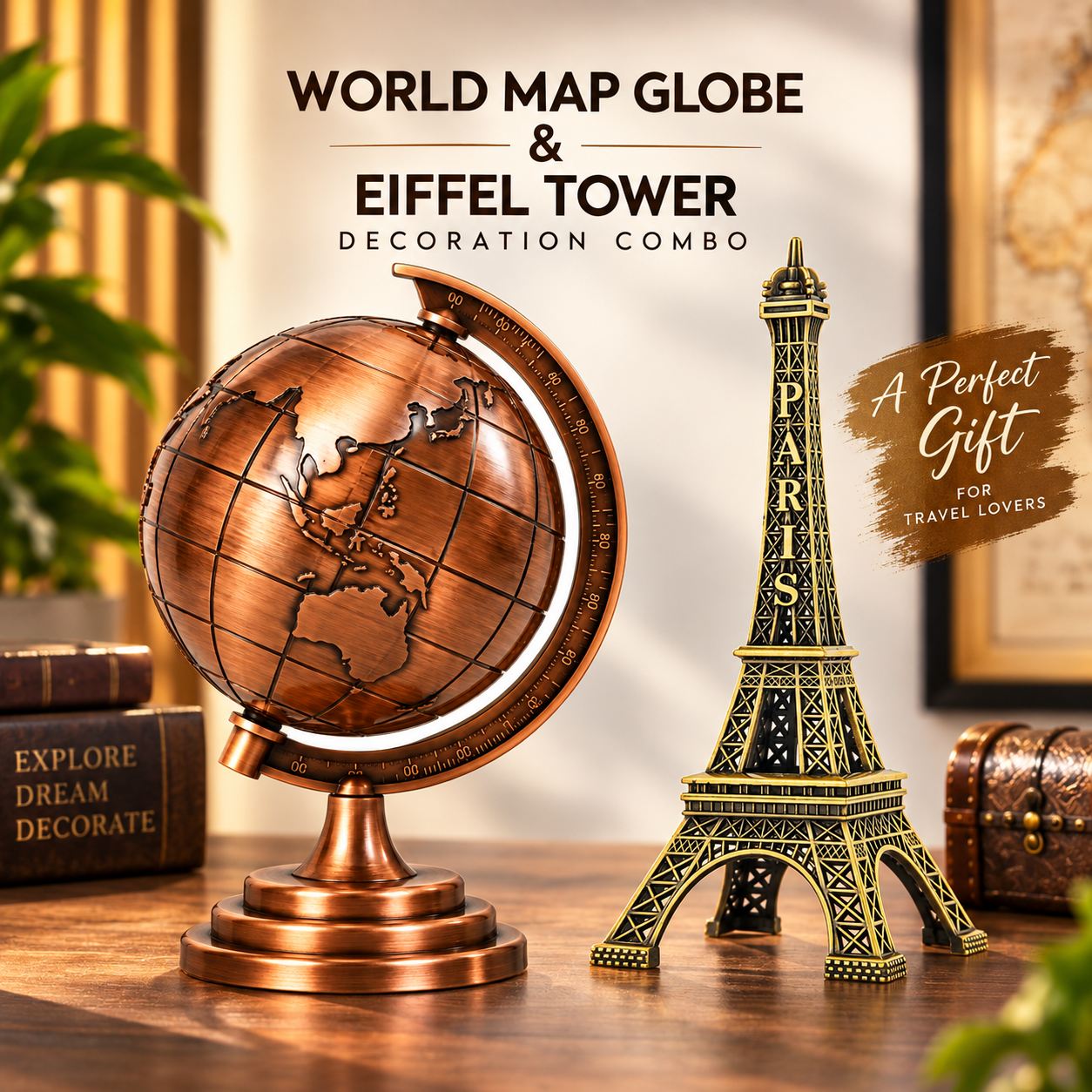 3D Rotating World Map Globe & Metal Eiffel Tower Showpiece Combo Set – Bronze & Gold Wash Finish, Elegant Tabletop Home & Office Decor, Luxury Travel Gift & Photoshoot Prop