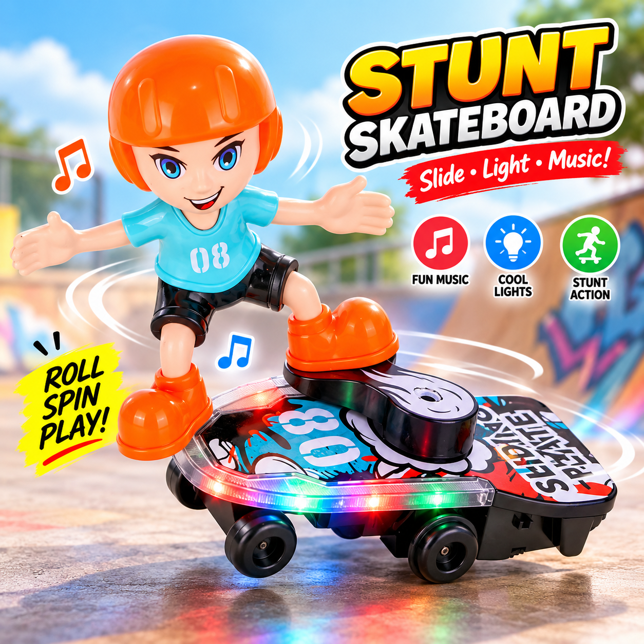 Sliding Plate Electronic Stunt Skateboard Boy Toy – Musical Action Figure with Dynamic Light Effects, 360° Stunt Movement, Battery Operated Safe Plastic Interactive Toy for Kids Age 3+