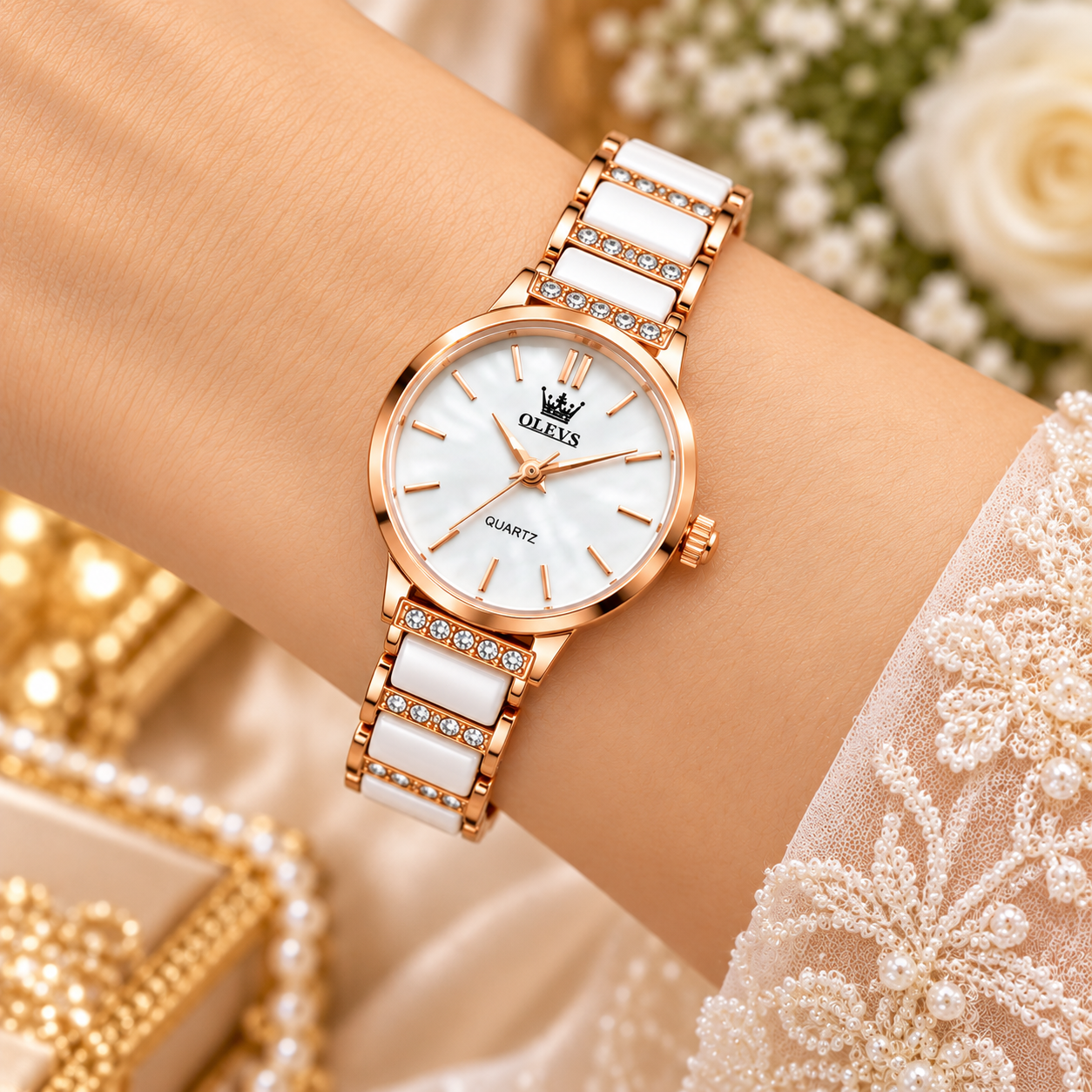 OLEVS Rose Gold & White Ceramic Diamond Luxury Women's Quartz Watch