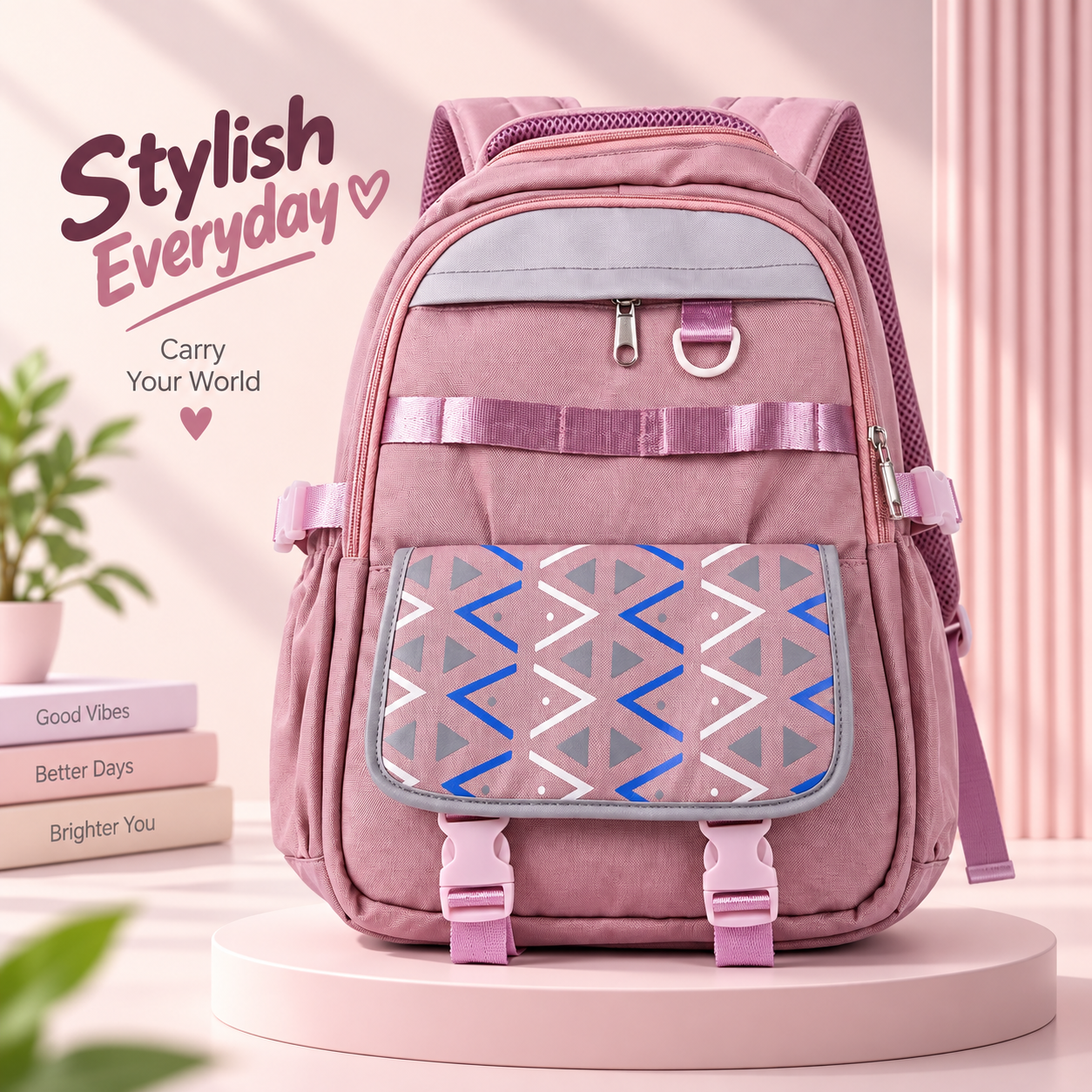 Multi-Pocket Casual Backpack with Geometric Flap – Stylish Water-Resistant Synthetic Fabric Daypack with Wide Padded Straps & Spacious Compartments for School, College, Travel & Daily Use