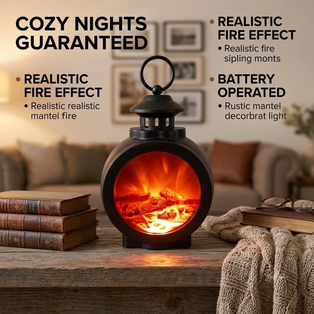 LED Flame Effect Lantern Lamp | Realistic Fireplace Illusion | Battery & USB Powered | Home, Bedroom, Office Décor | Warm Ambient Night Light