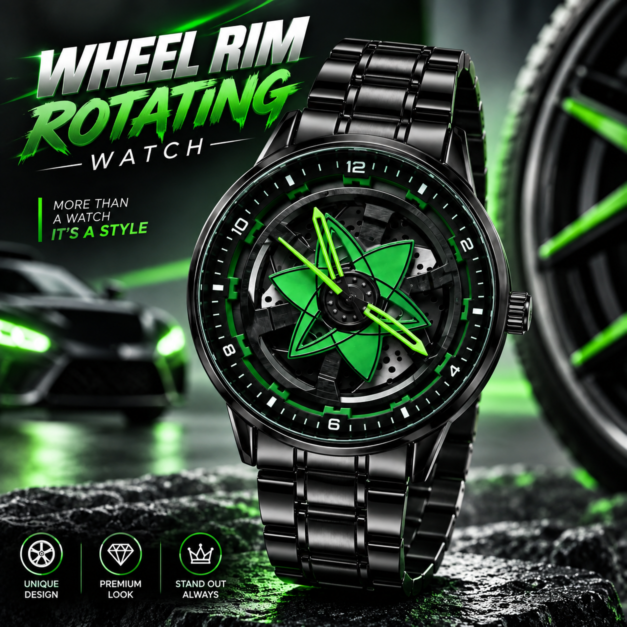 360° Rotating Car Wheel Rim Quartz Watch – Matte Black Metal Sports Wristwatch, 3D Alloy Rim & Brake Disc Dial, Stainless Steel Strap & Scratch-Resistant Glass for Men