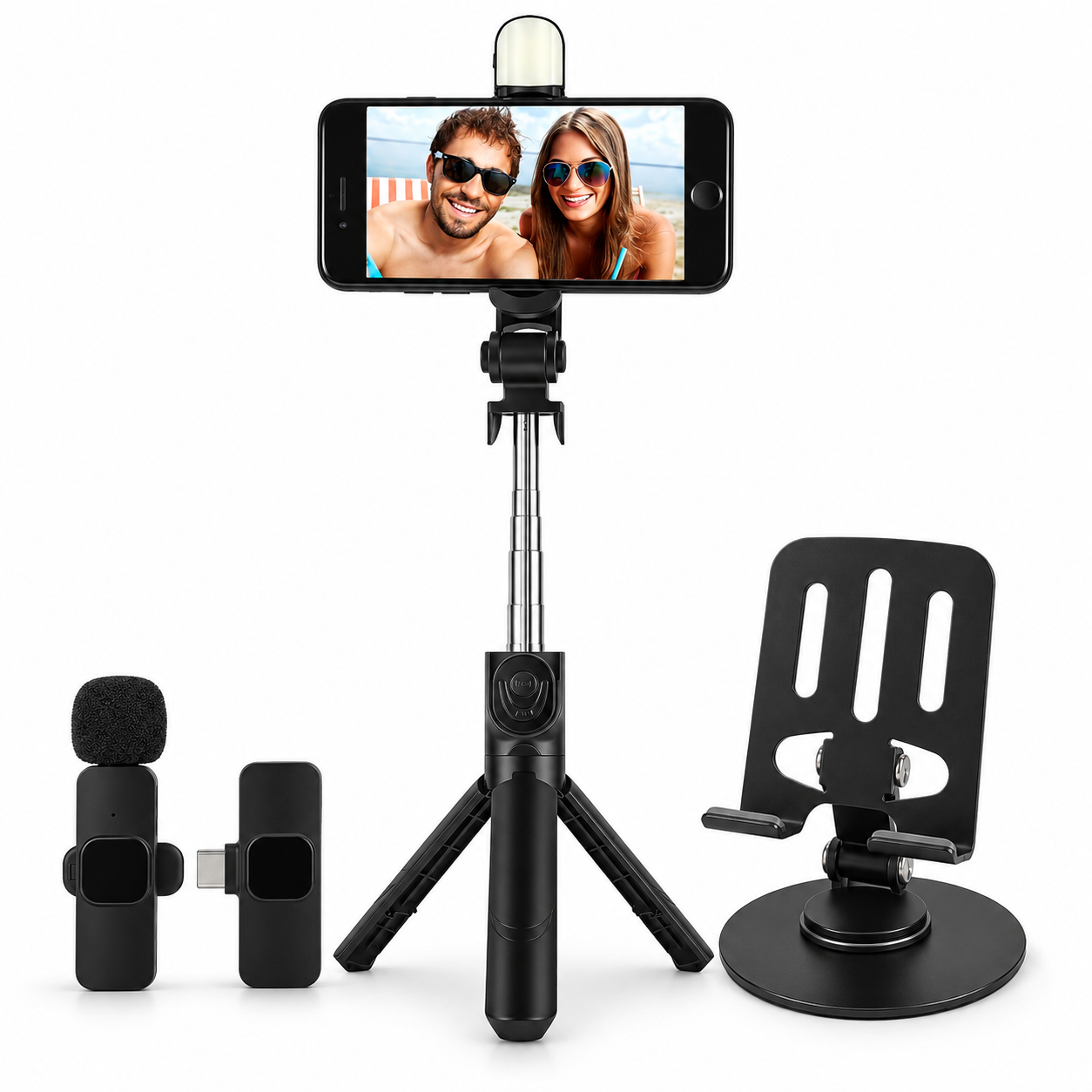 Smart Vlogger's Combo – K8 Wireless Lavalier Microphone, Q07 Bluetooth Selfie Stick Tripod & 360° Rotating Phone & Tablet Stand for Content Creators