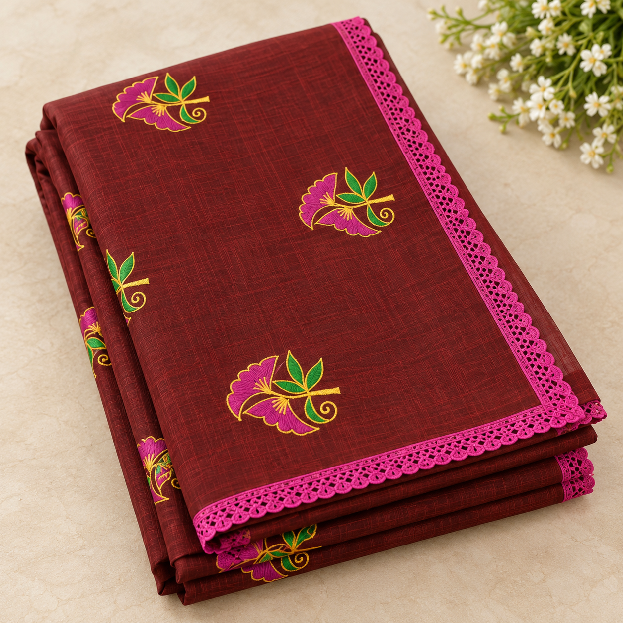 Exclusive deep maroon cotton saree with embroidery and lace border.