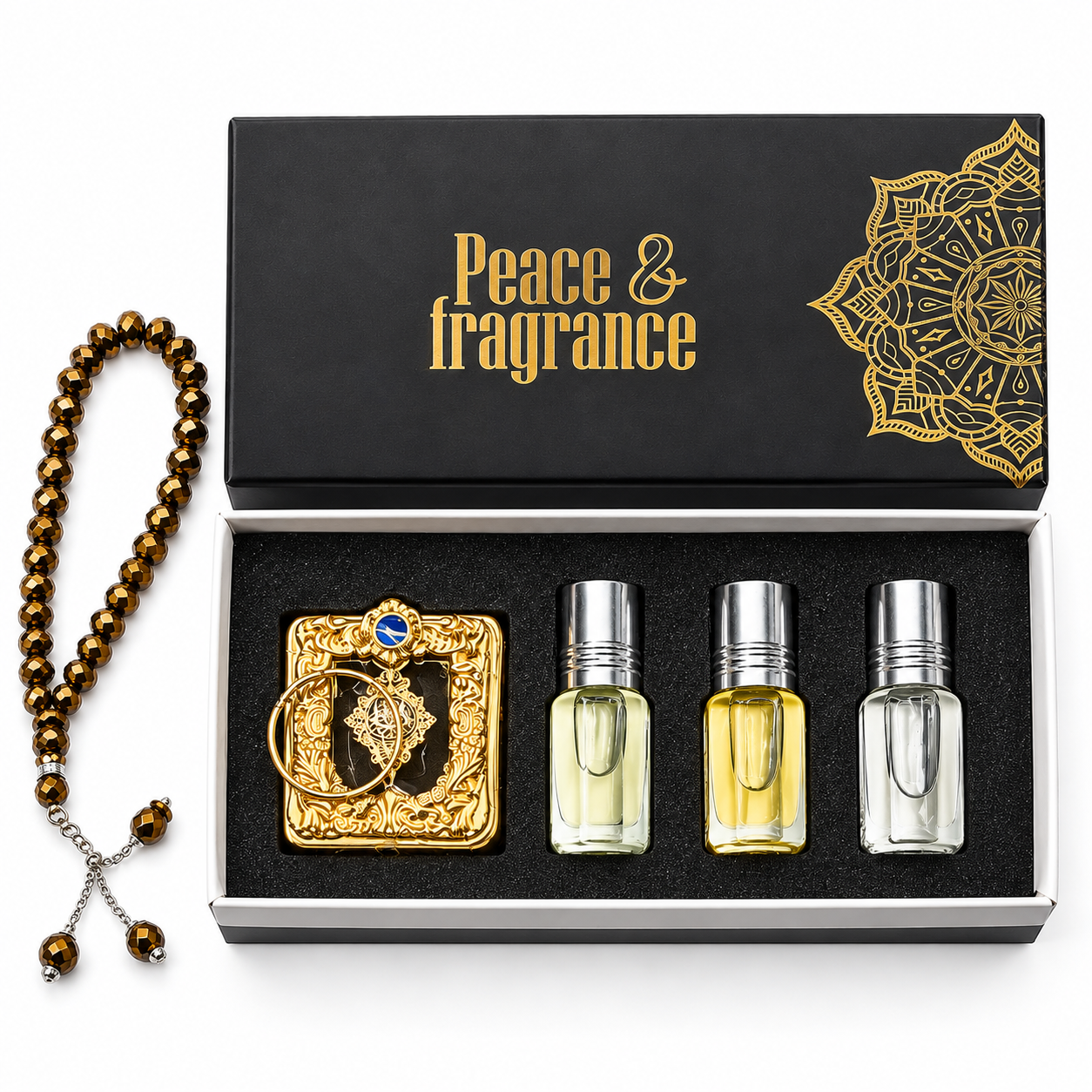 Premium Islamic Gift Combo – Tohuran Non-Alcoholic Attar Set (Classic, Amir-Al-Oud, Rasha, Soft), Crystal Tasbih & World’s Smallest Imported Pocket Mini Quran Sharif Gift Package