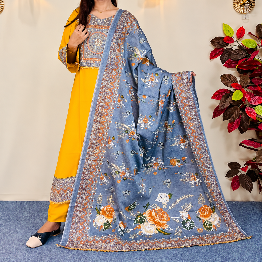 Elegant Mustard Yellow & Slate Blue Printed Unstitched Cotton Three-Piece Set