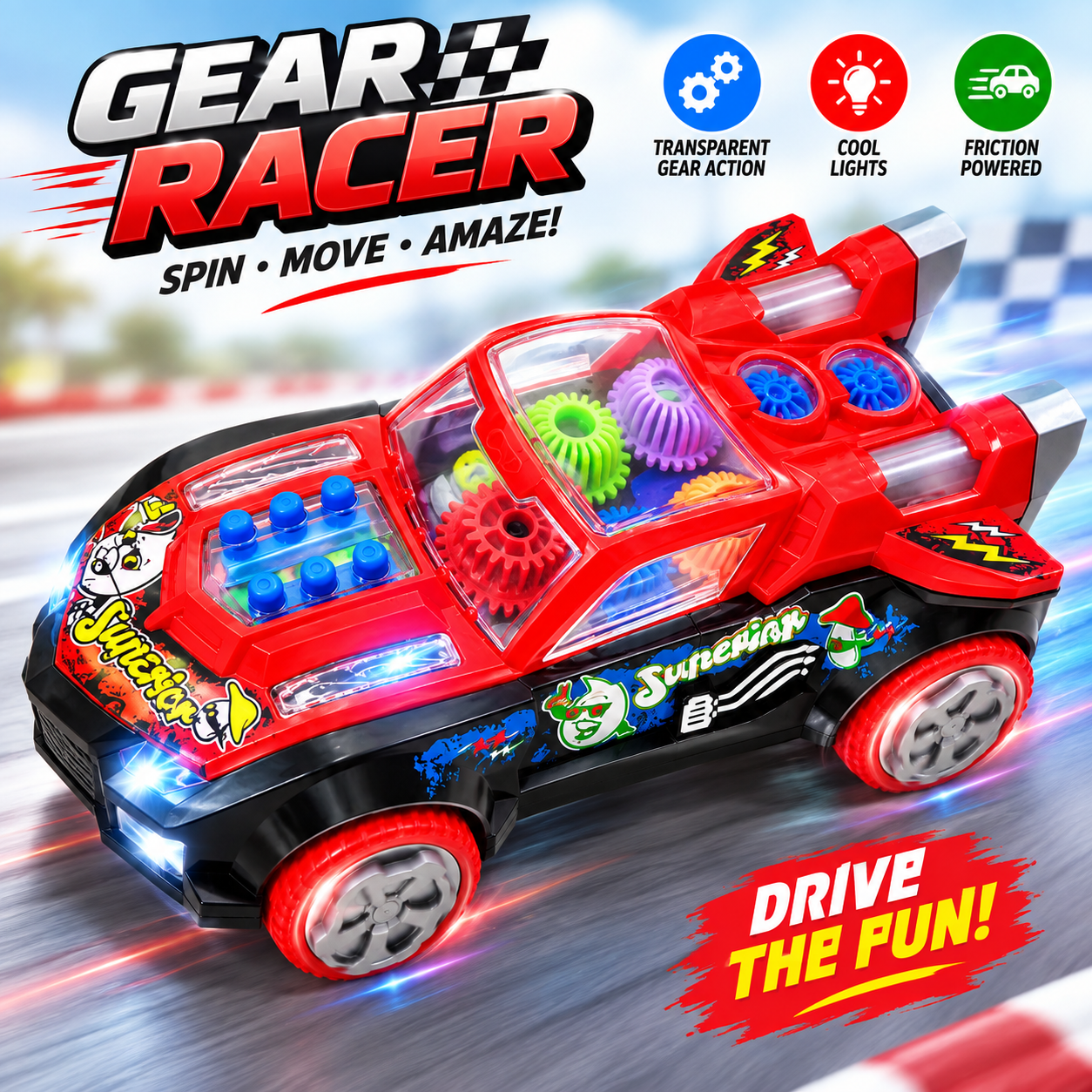 Gear Racer Transparent Mechanical Racing Car Toy – Spin, Move & Amaze with Transparent Gear Action, Cool LED Lights & Friction Powered Movement, Safe Interactive Toy Gift for Kids